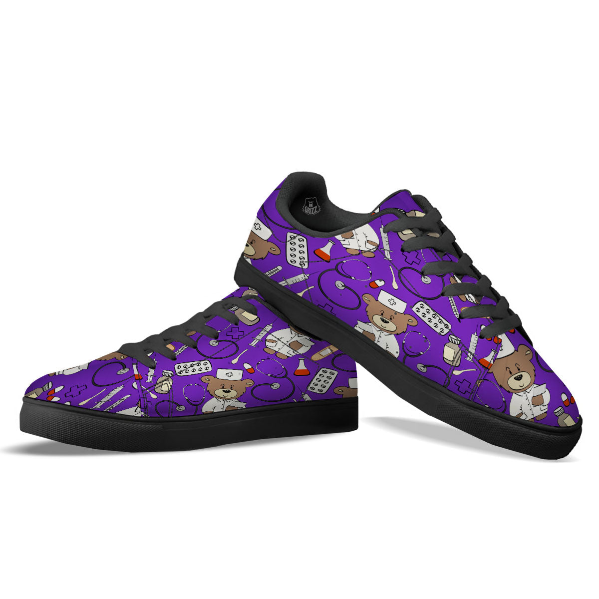 Purple Teddy Bear Nurse Black Low Top Sneakers-grizzshop