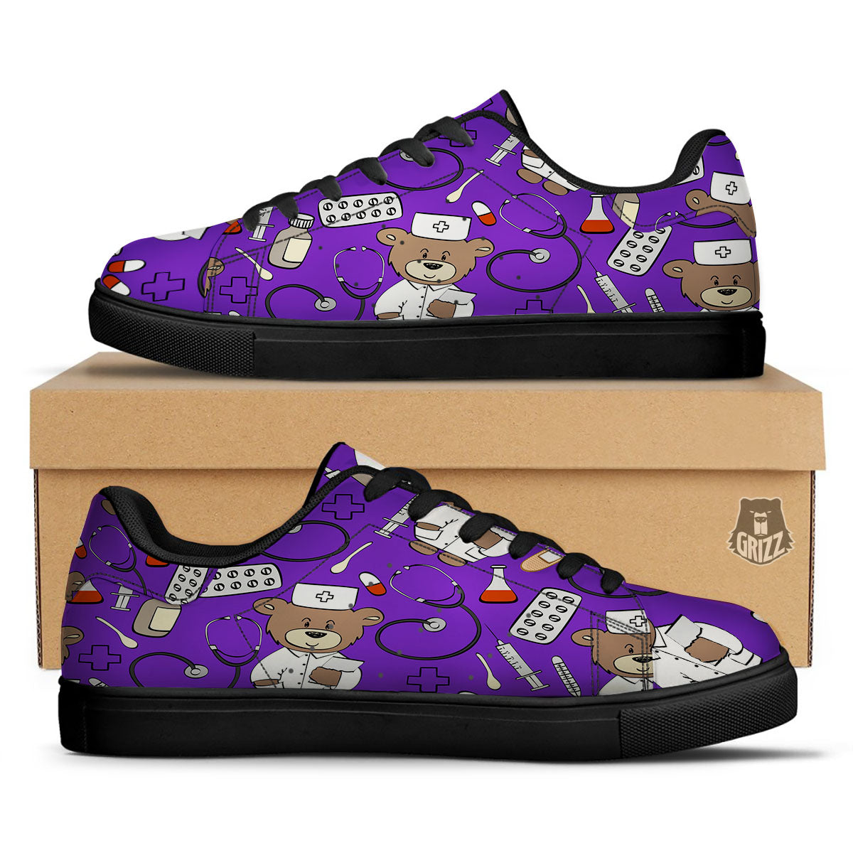 Purple Teddy Bear Nurse Black Low Top Sneakers-grizzshop