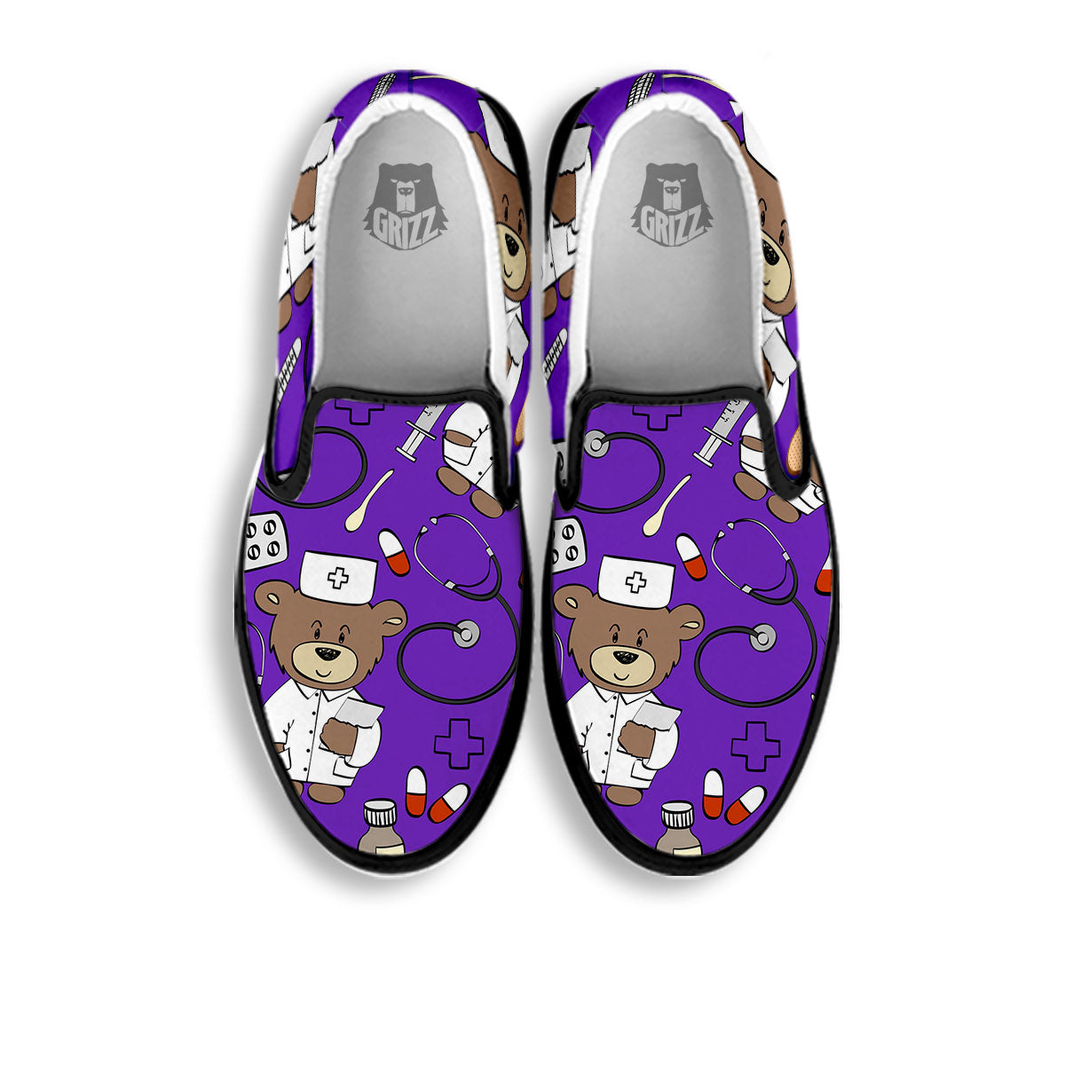 Purple Teddy Bear Nurse Black Slip On Shoes-grizzshop