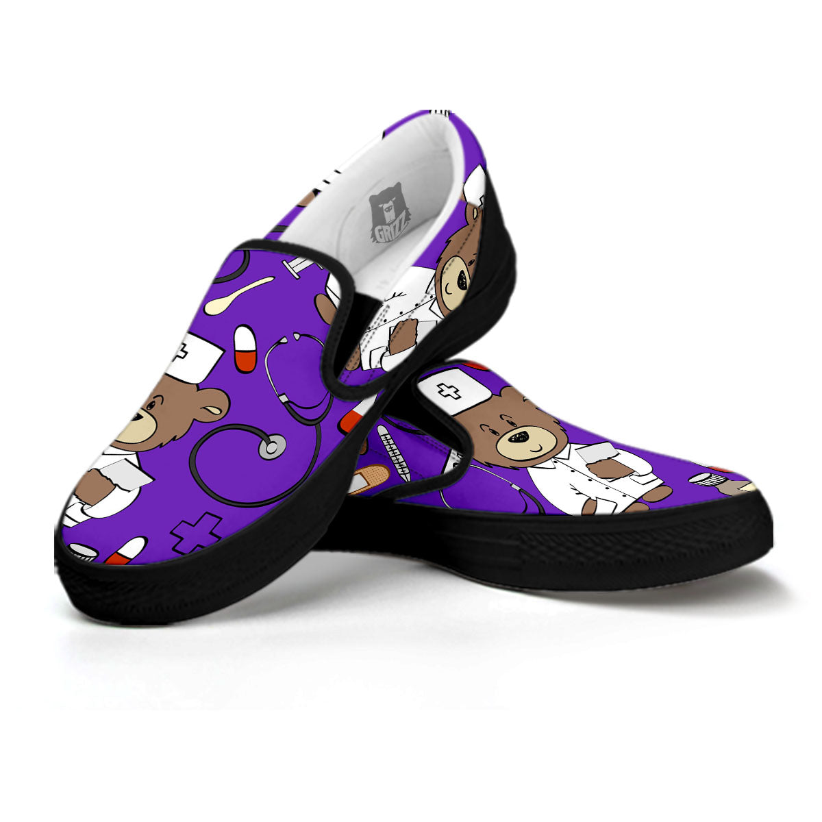 Purple Teddy Bear Nurse Black Slip On Shoes-grizzshop