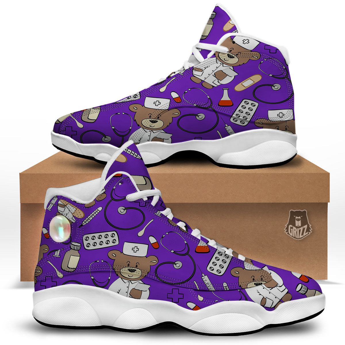 Purple Teddy Bear Nurse White Basketball Shoes-grizzshop