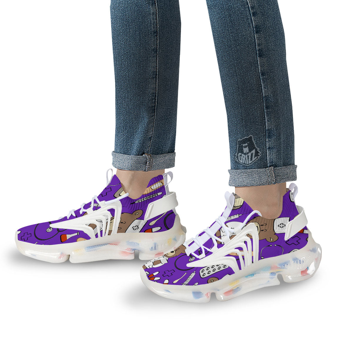 Purple Teddy Bear Nurse White Gym Shoes-grizzshop