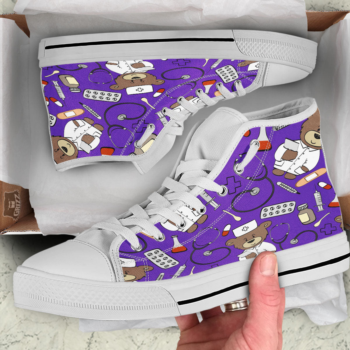 Purple Teddy Bear Nurse White High Top Shoes-grizzshop