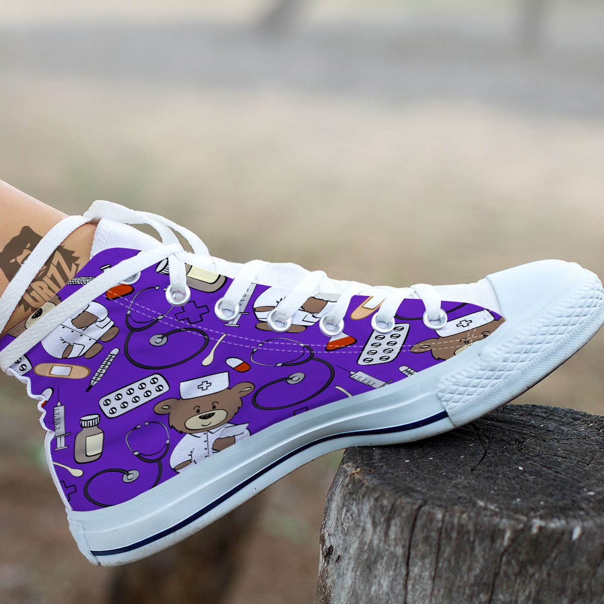 Purple Teddy Bear Nurse White High Top Shoes-grizzshop
