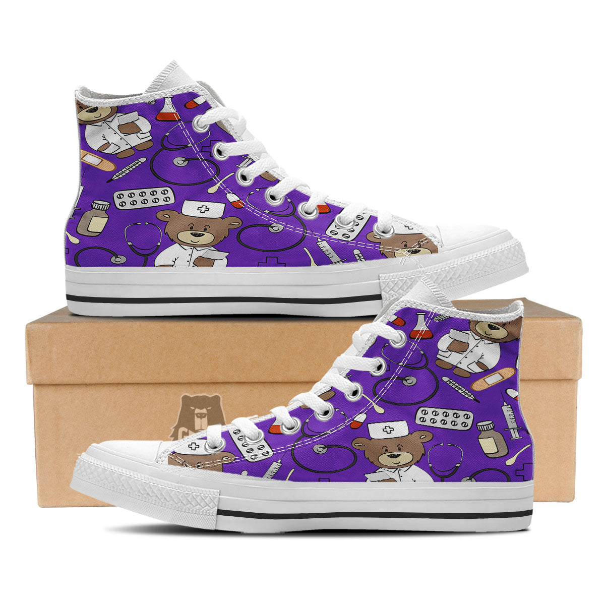 Purple Teddy Bear Nurse White High Top Shoes-grizzshop