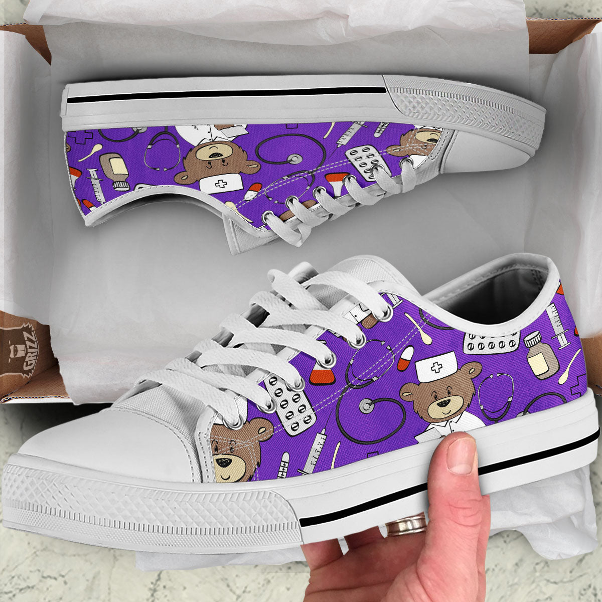 Purple Teddy Bear Nurse White Low Top Shoes-grizzshop