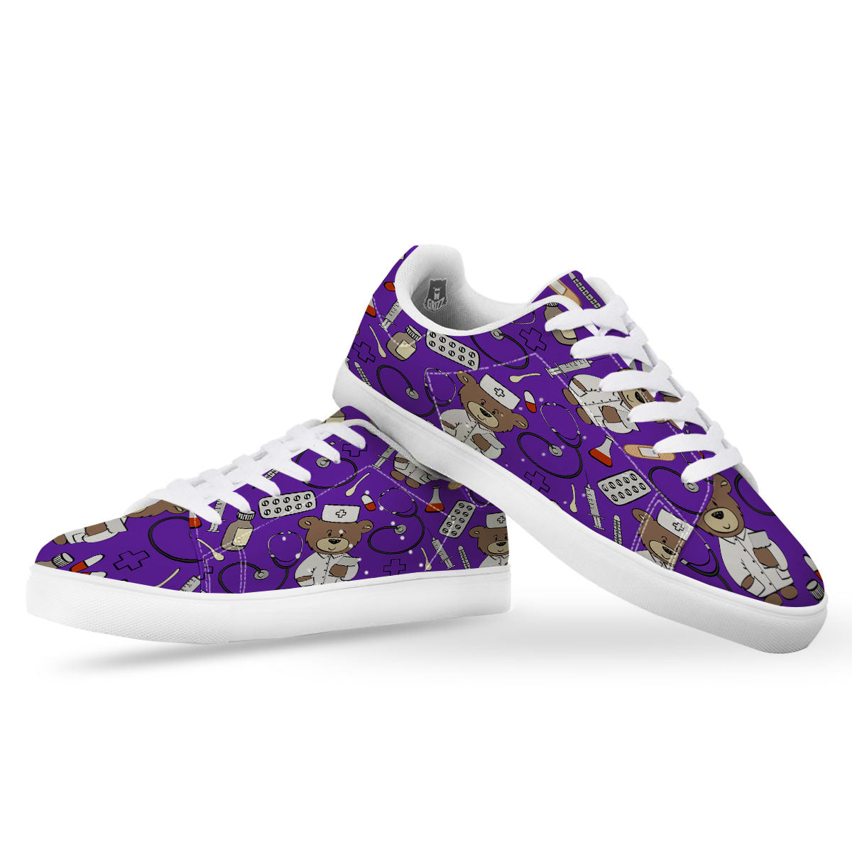 Purple Teddy Bear Nurse White Low Top Sneakers-grizzshop