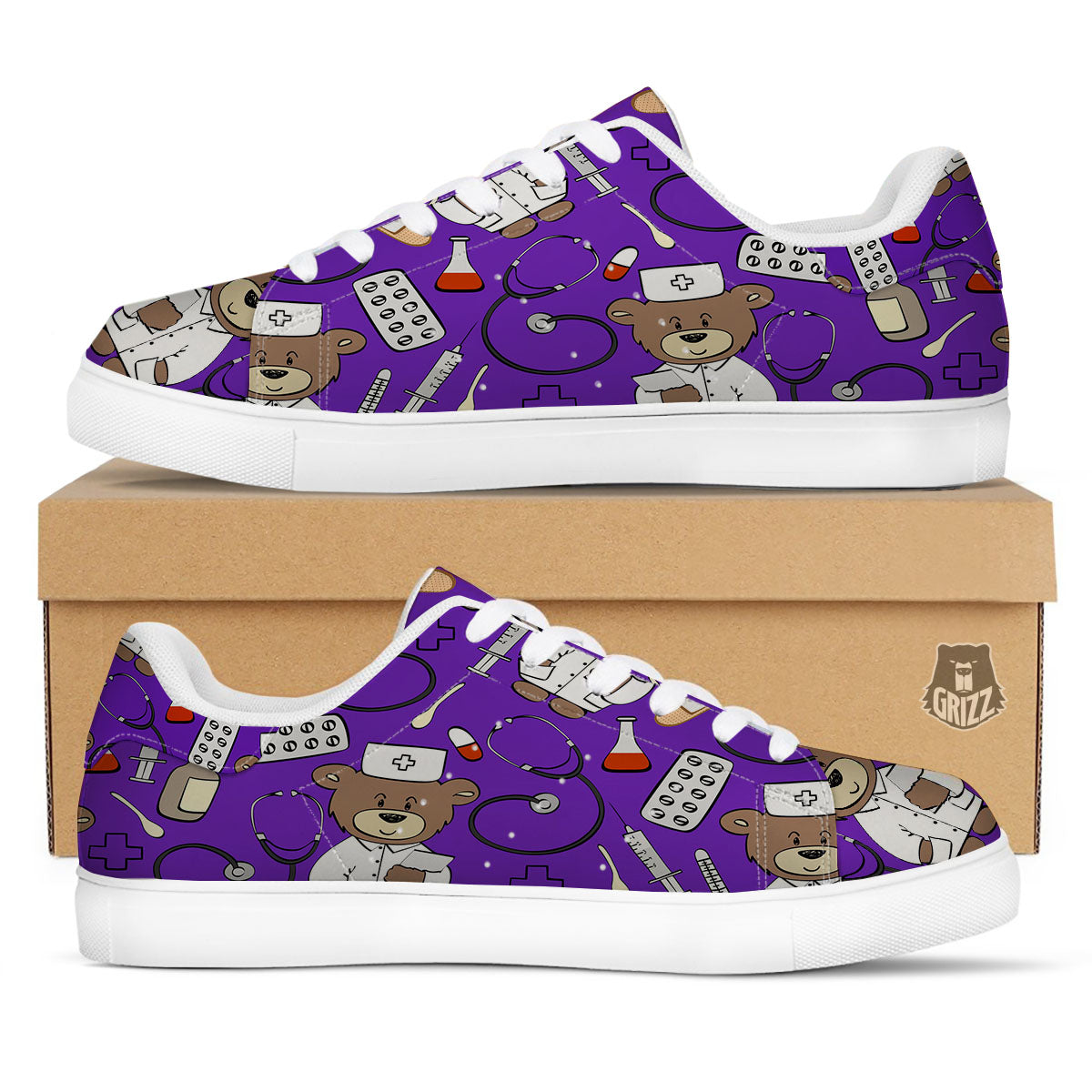 Purple Teddy Bear Nurse White Low Top Sneakers-grizzshop