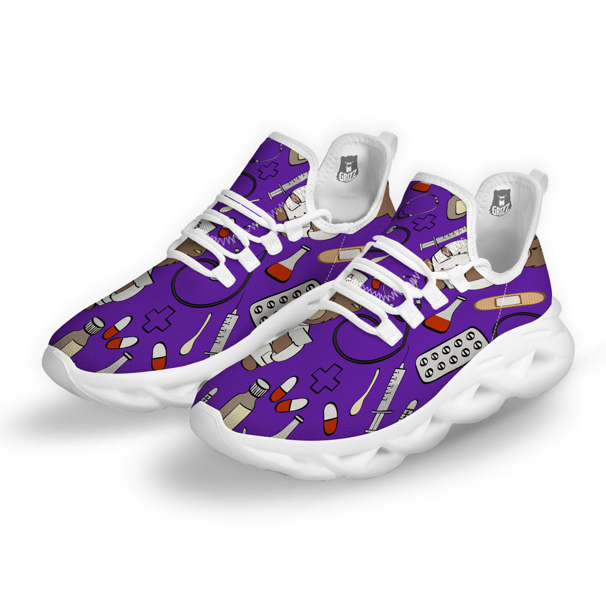 Purple Teddy Bear Nurse White Running Shoes-grizzshop