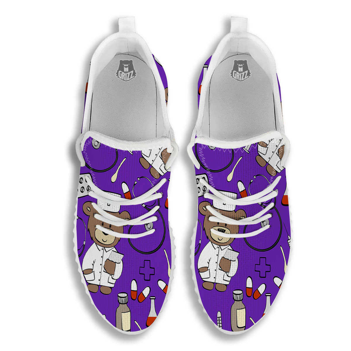 Purple Teddy Bear Nurse White Walking Shoes-grizzshop
