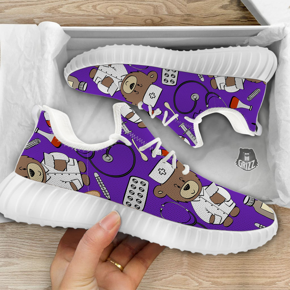 Purple Teddy Bear Nurse White Walking Shoes-grizzshop