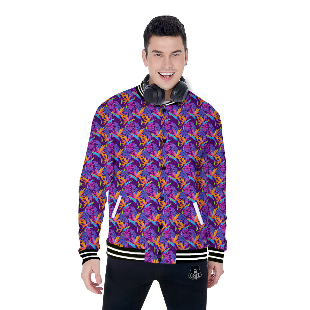 Purple Tropical Leaves Print Pattern Baseball Jacket-grizzshop