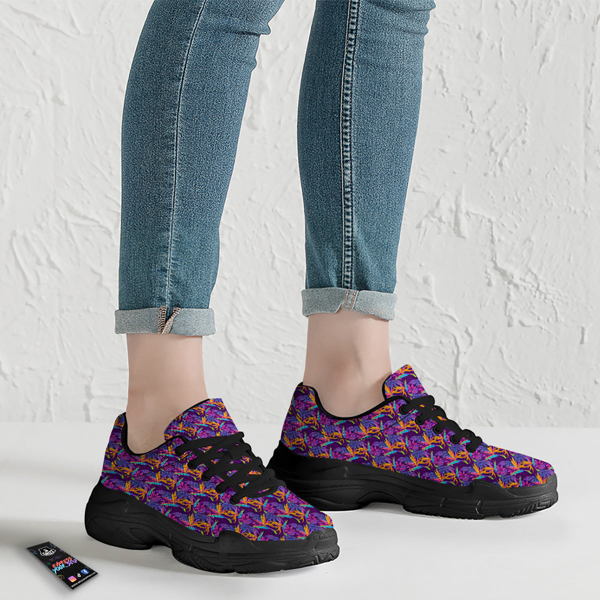Purple Tropical Leaves Print Pattern Black Chunky Shoes-grizzshop