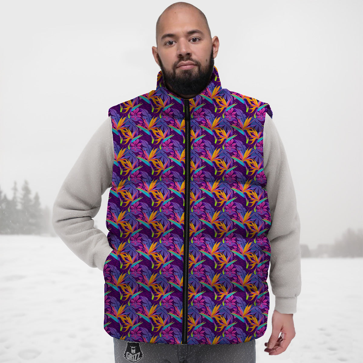 Purple Tropical Leaves Print Pattern Down Vest-grizzshop
