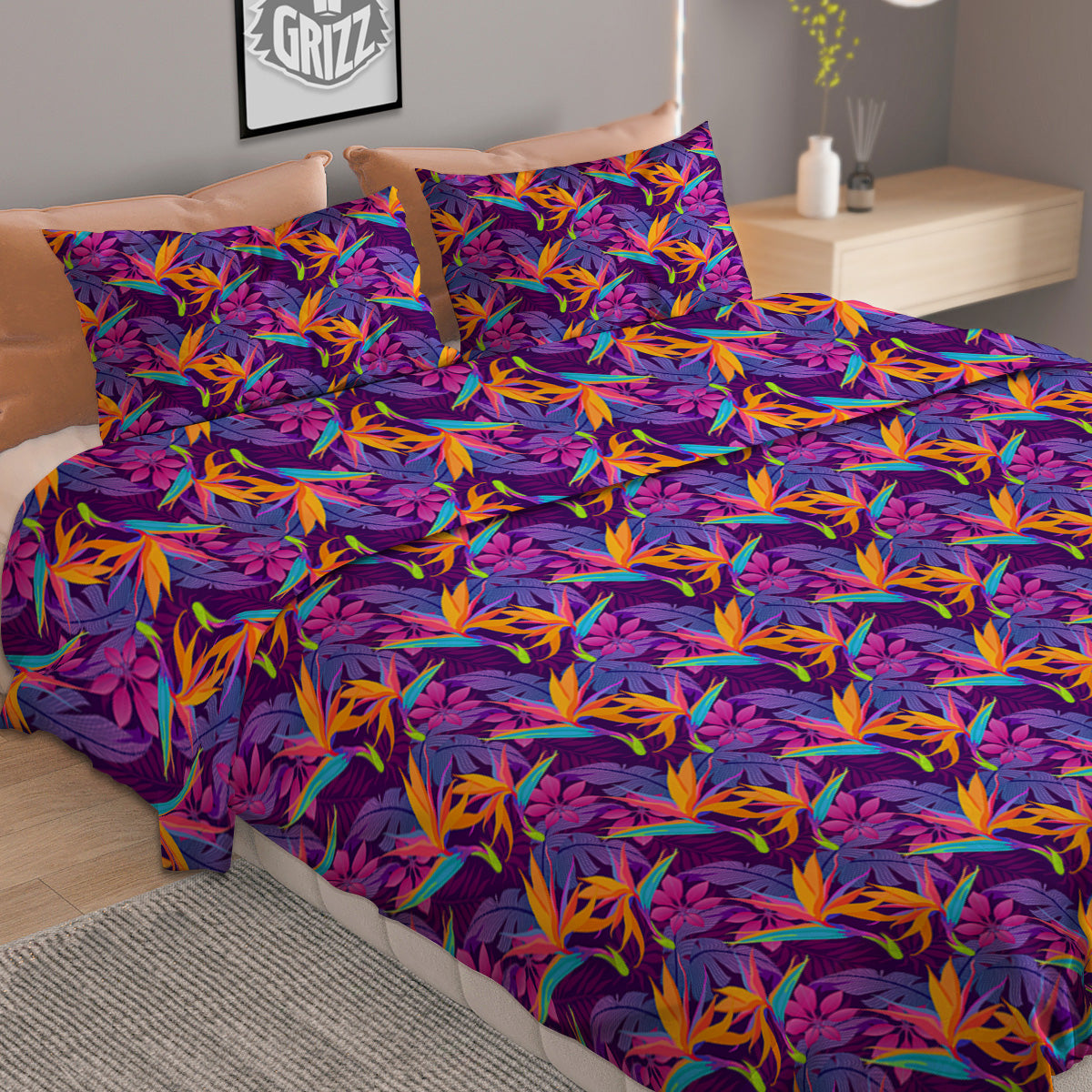 Purple Tropical Leaves Print Pattern Duvet Cover Bedding Set-grizzshop