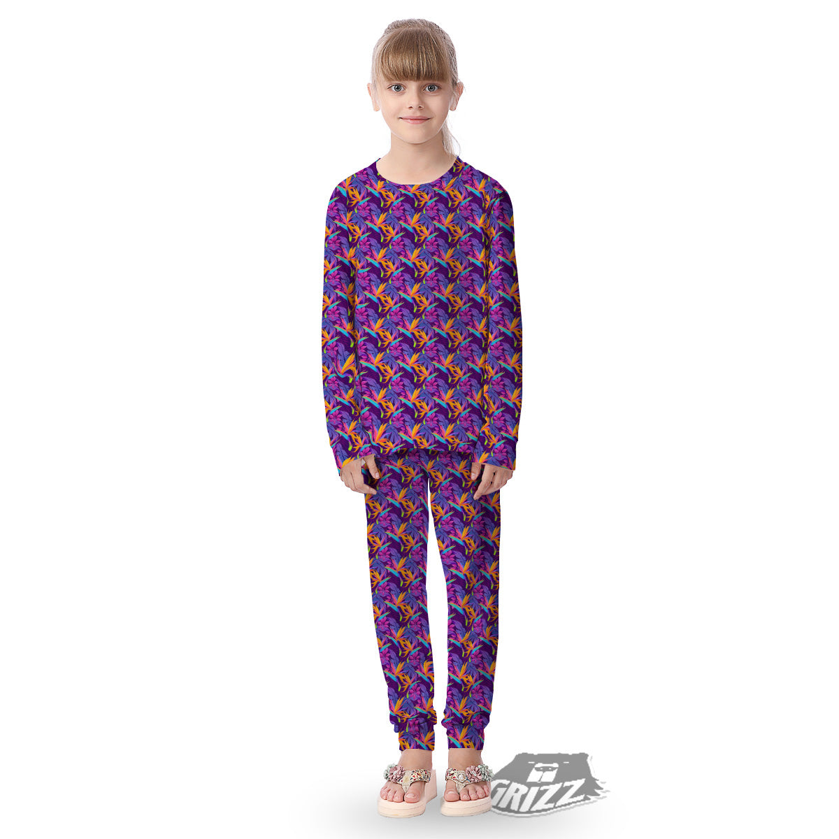 Purple Tropical Leaves Print Pattern Kid's Pajamas-grizzshop