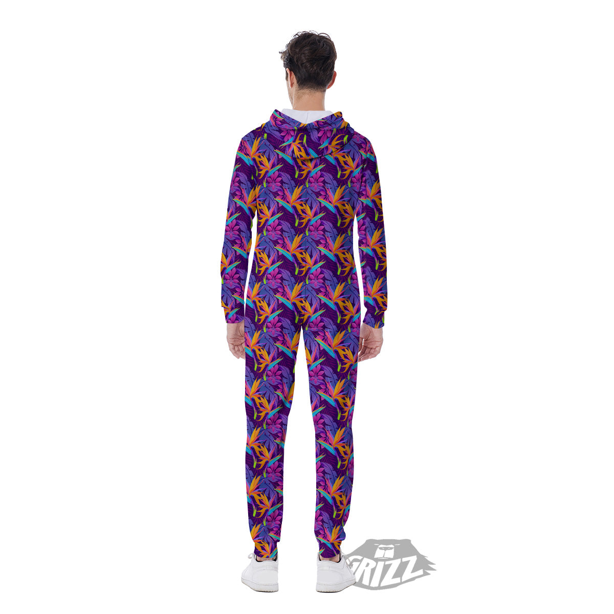 Purple Tropical Leaves Print Pattern Men's Jumpsuit-grizzshop