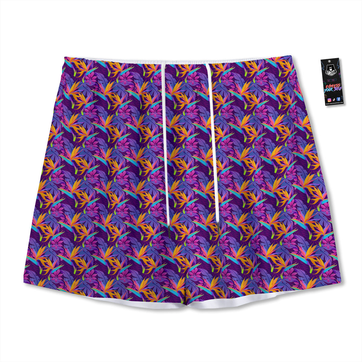 Purple Tropical Leaves Print Pattern Mesh Shorts-grizzshop
