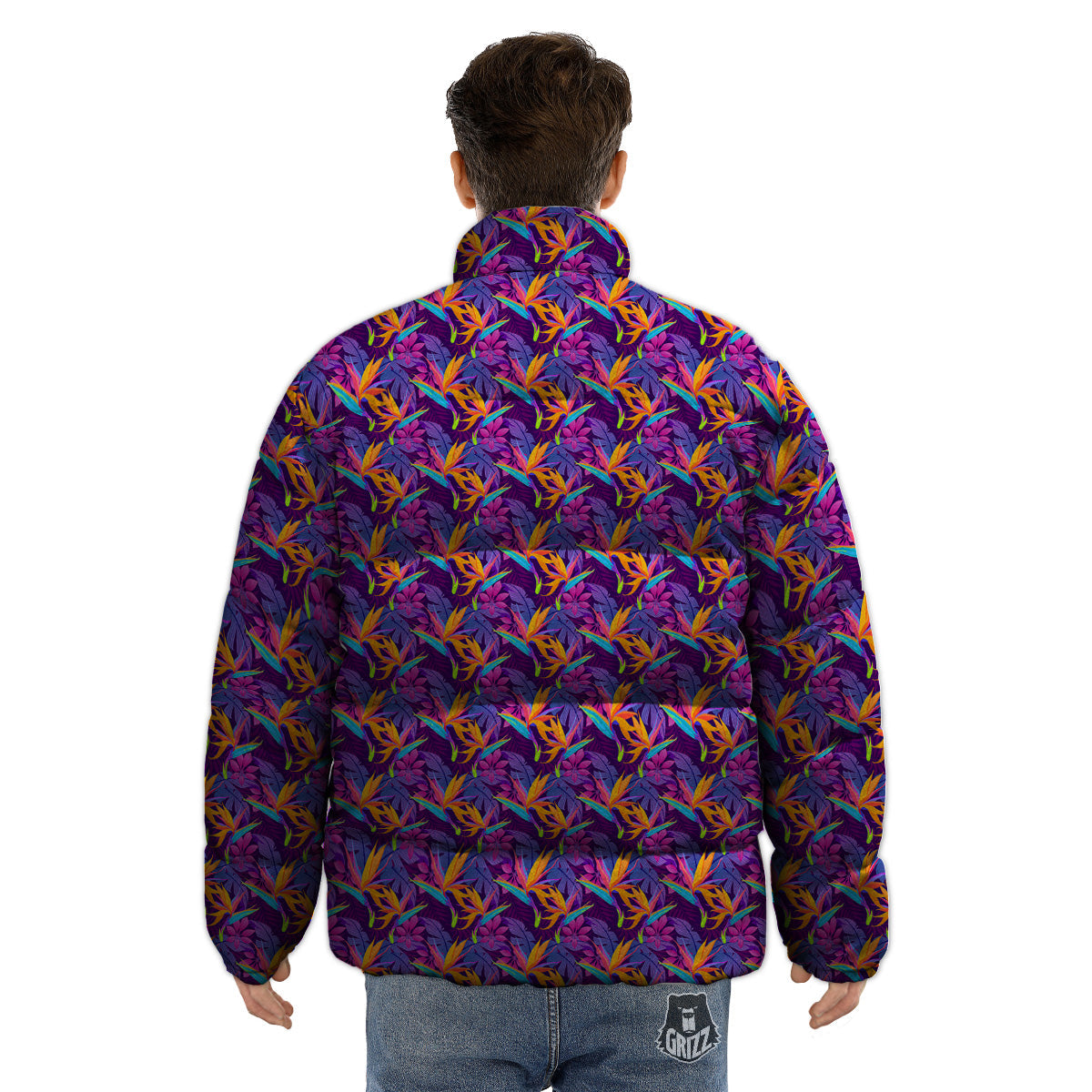 Purple Tropical Leaves Print Pattern Puffer Jacket-grizzshop