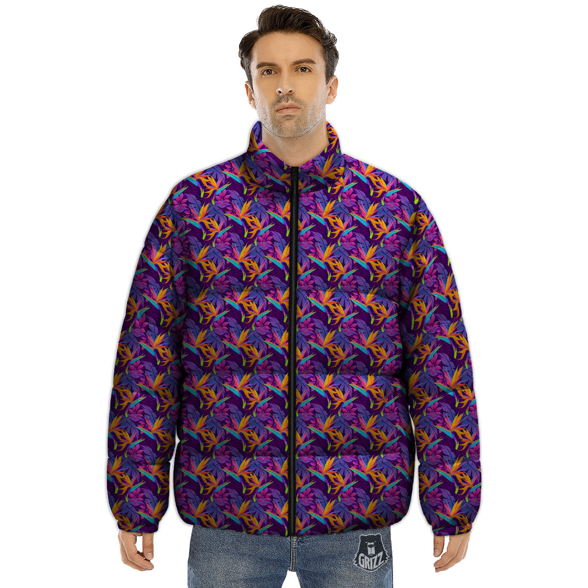 Purple Tropical Leaves Print Pattern Puffer Jacket-grizzshop