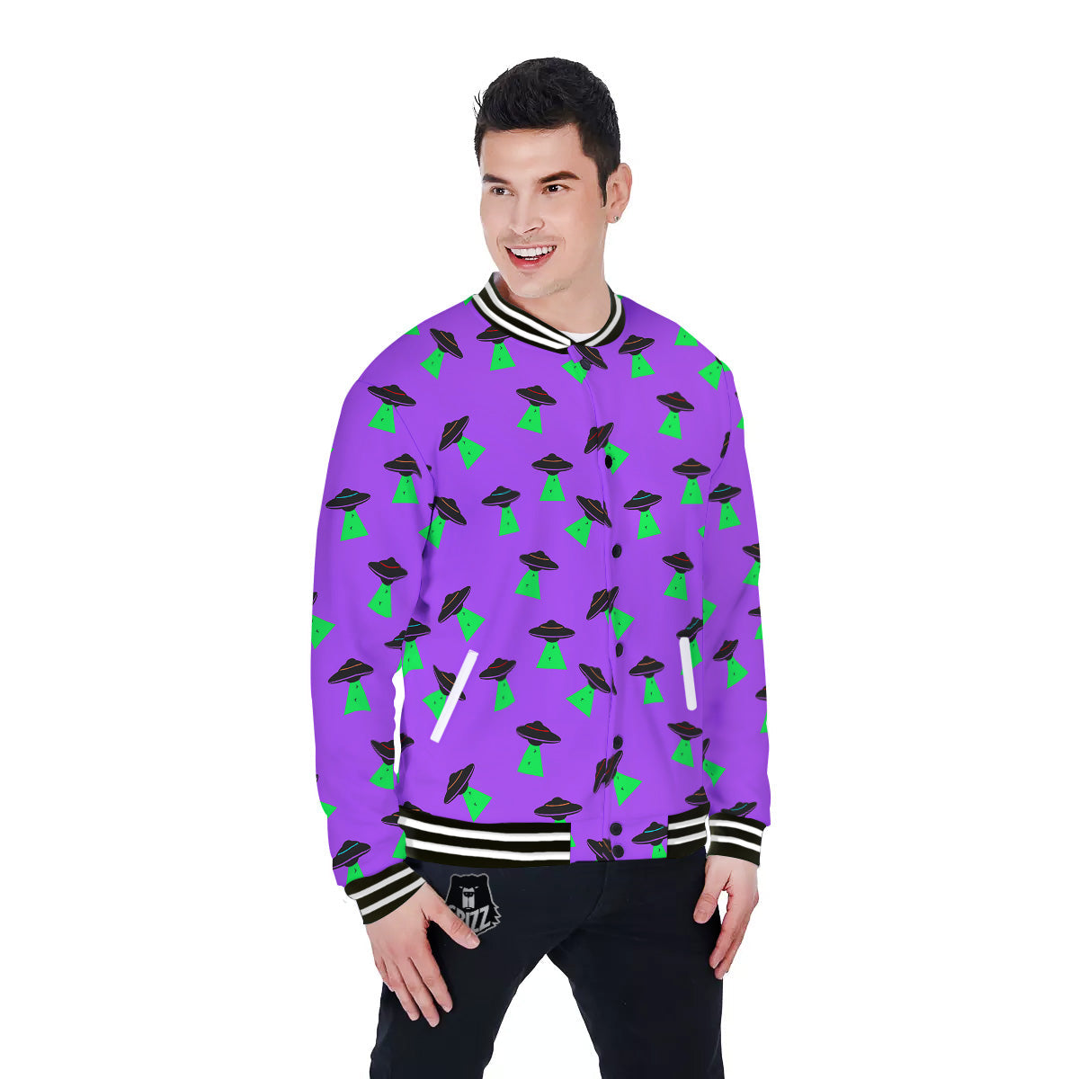 Purple UFO Alien Spaceship Print Pattern Baseball Jacket-grizzshop