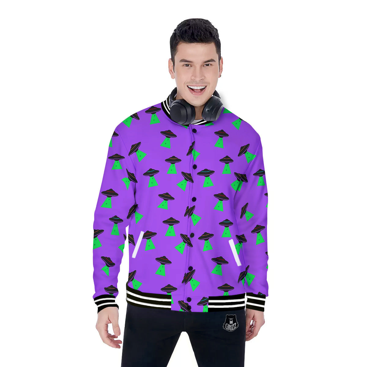 Purple UFO Alien Spaceship Print Pattern Baseball Jacket-grizzshop