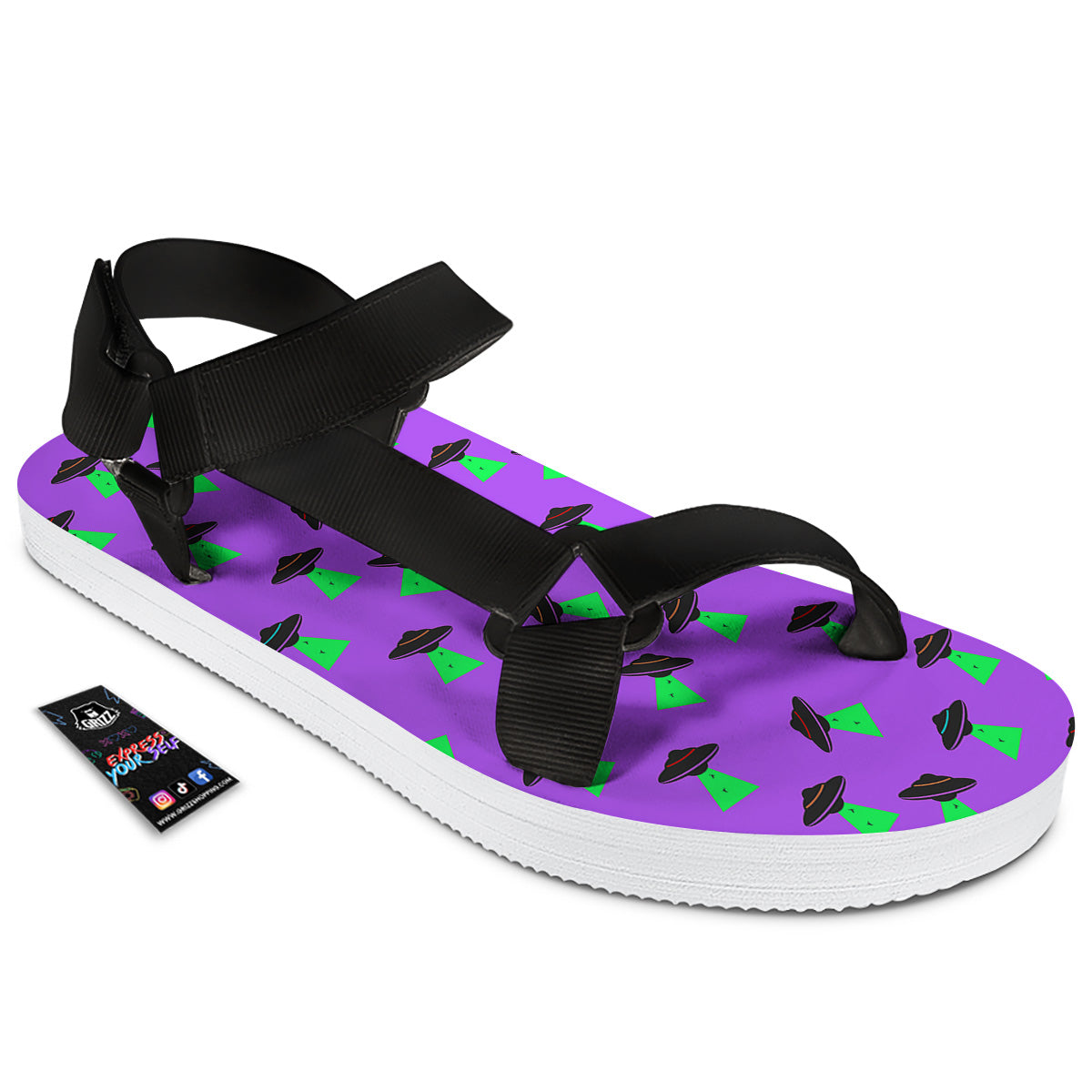 Purple UFO Alien Spaceship Print Pattern Black Open Toe Sandals-grizzshop