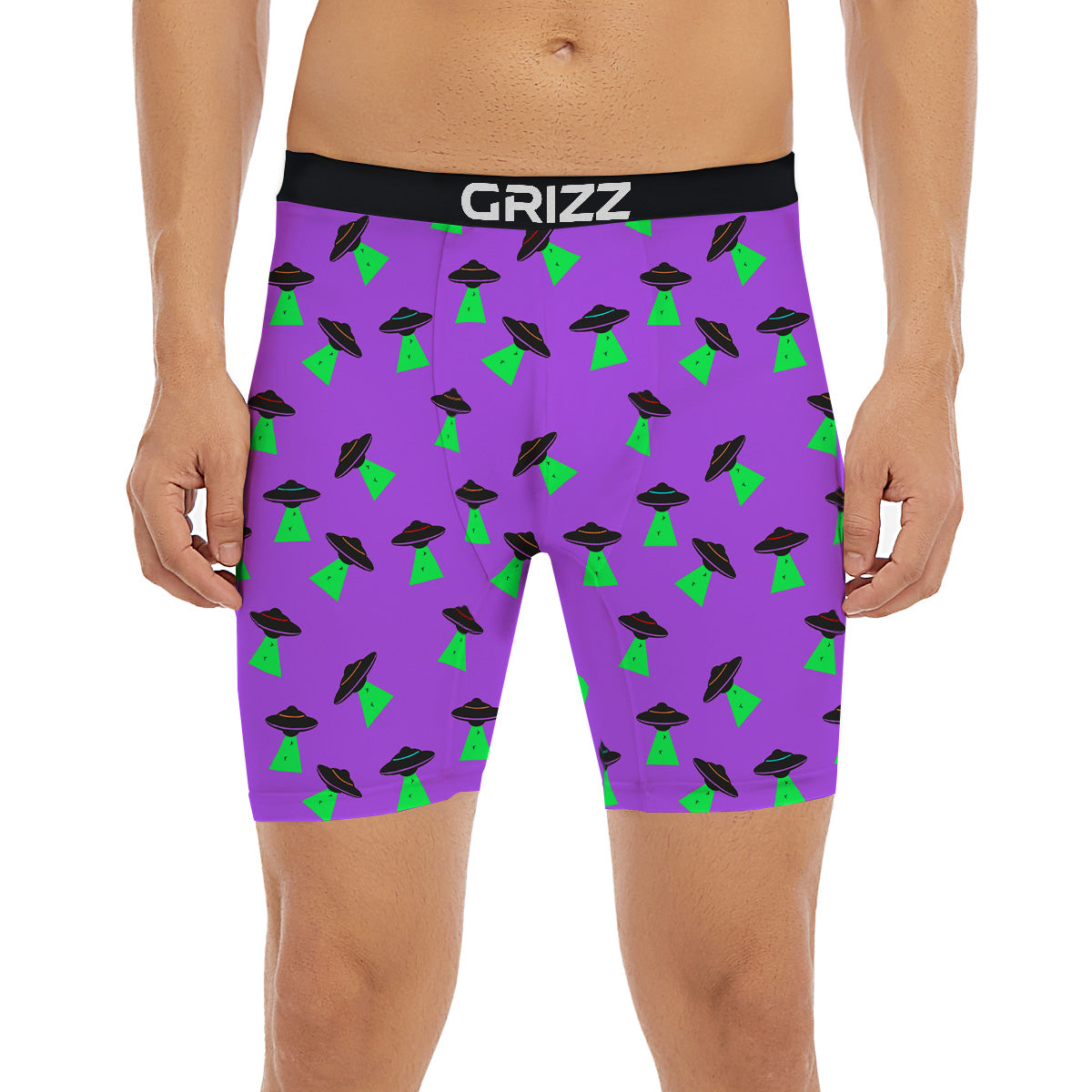 Purple UFO Alien Spaceship Print Pattern Boxer Briefs-grizzshop