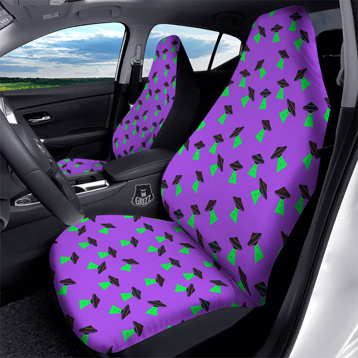 Purple UFO Alien Spaceship Print Pattern Car Seat Covers-grizzshop