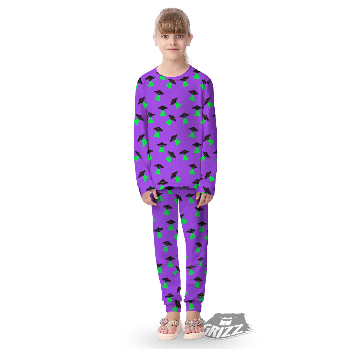 Purple UFO Alien Spaceship Print Pattern Kid's Pajamas-grizzshop