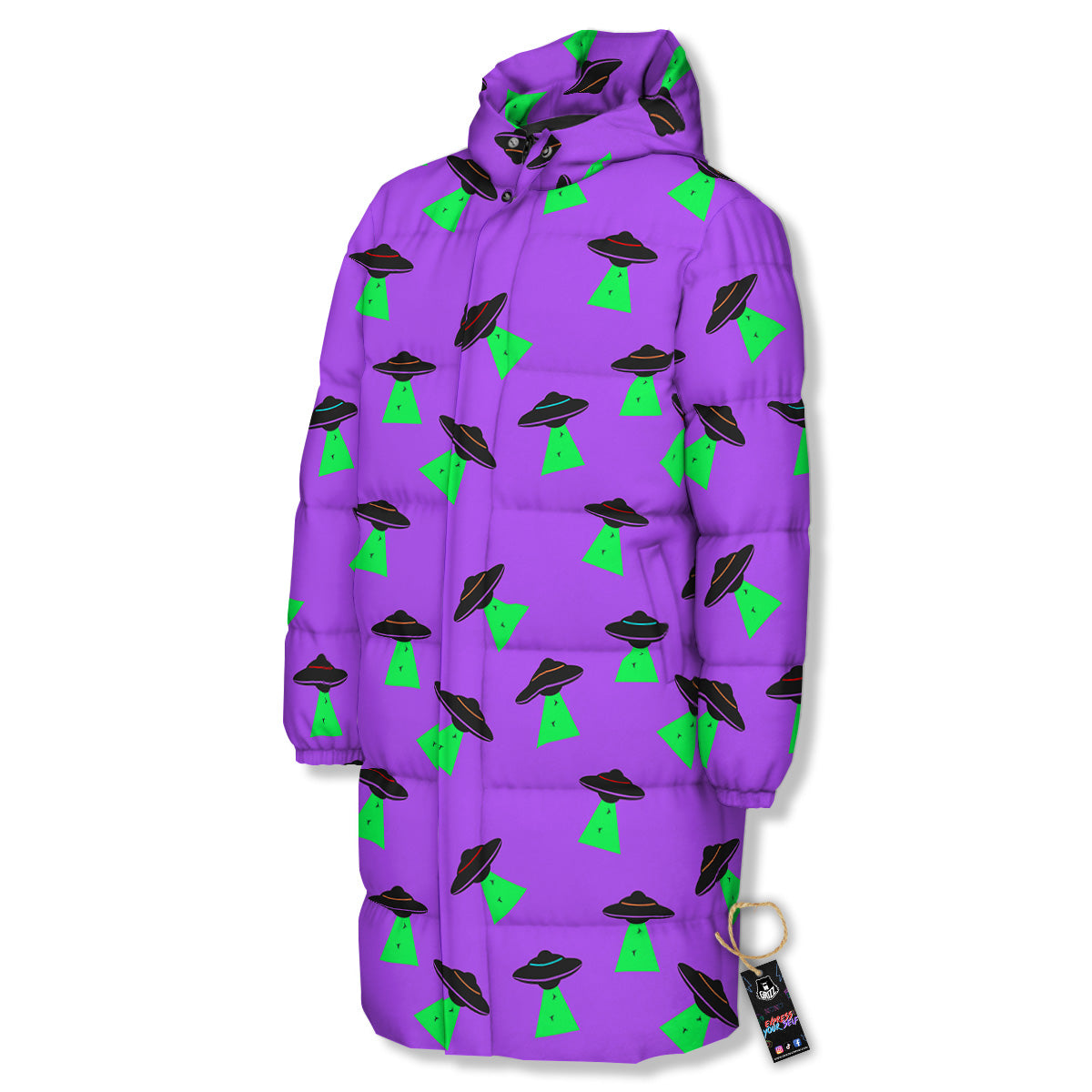 Purple UFO Alien Spaceship Print Pattern Long Down Jacket-grizzshop