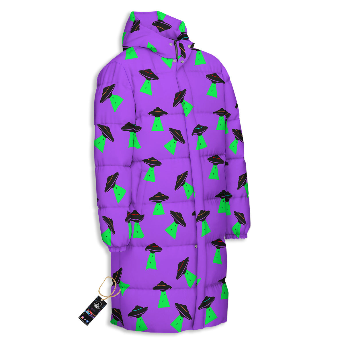 Purple UFO Alien Spaceship Print Pattern Long Down Jacket-grizzshop