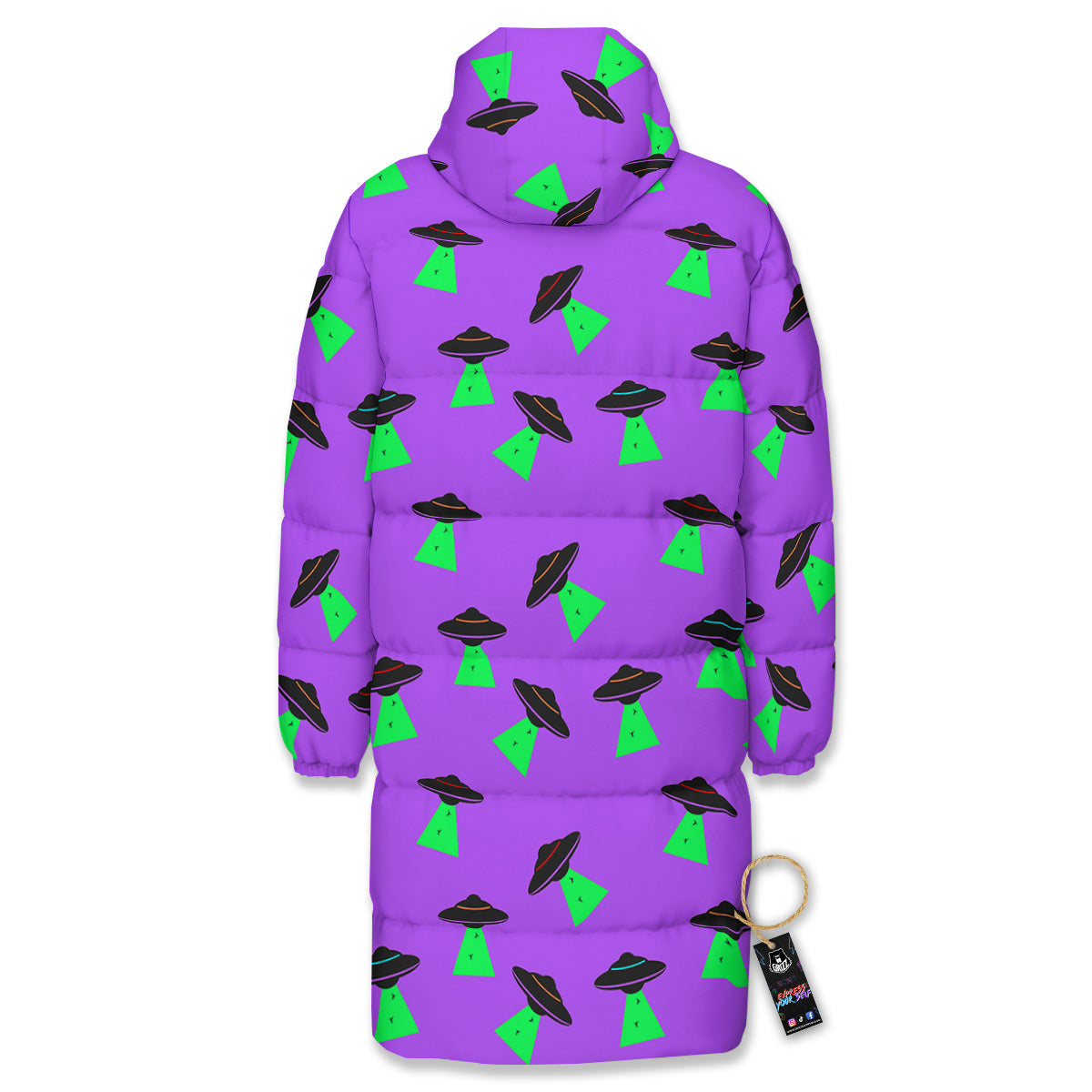 Purple UFO Alien Spaceship Print Pattern Long Down Jacket-grizzshop