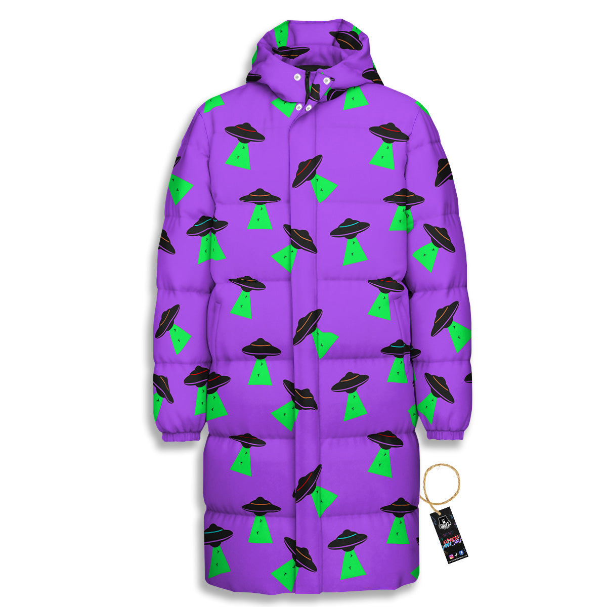 Purple UFO Alien Spaceship Print Pattern Long Down Jacket-grizzshop
