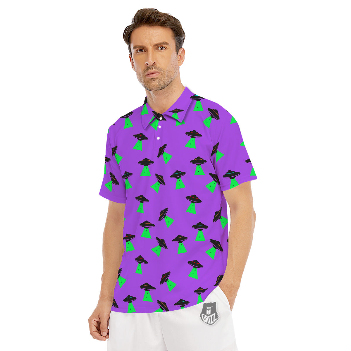 Purple UFO Alien Spaceship Print Pattern Men's Golf Shirts-grizzshop