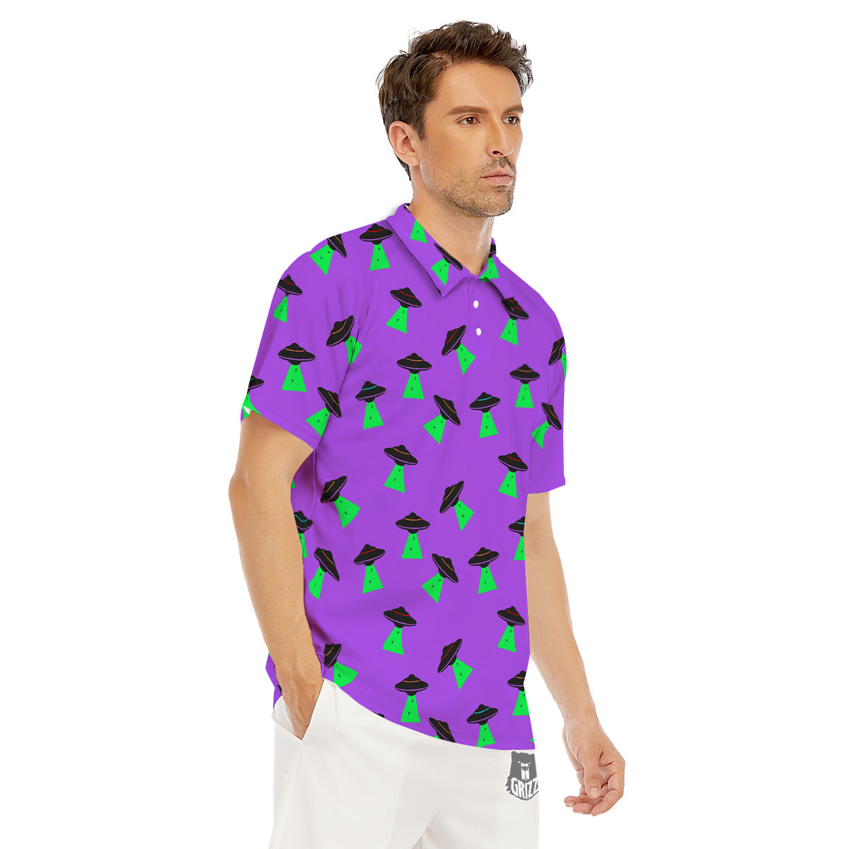 Purple UFO Alien Spaceship Print Pattern Men's Golf Shirts-grizzshop
