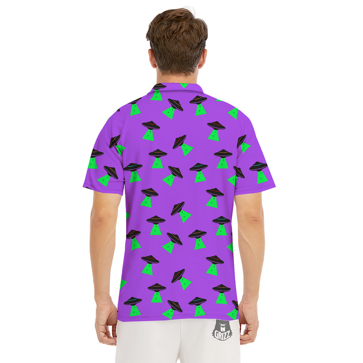Purple UFO Alien Spaceship Print Pattern Men's Golf Shirts-grizzshop