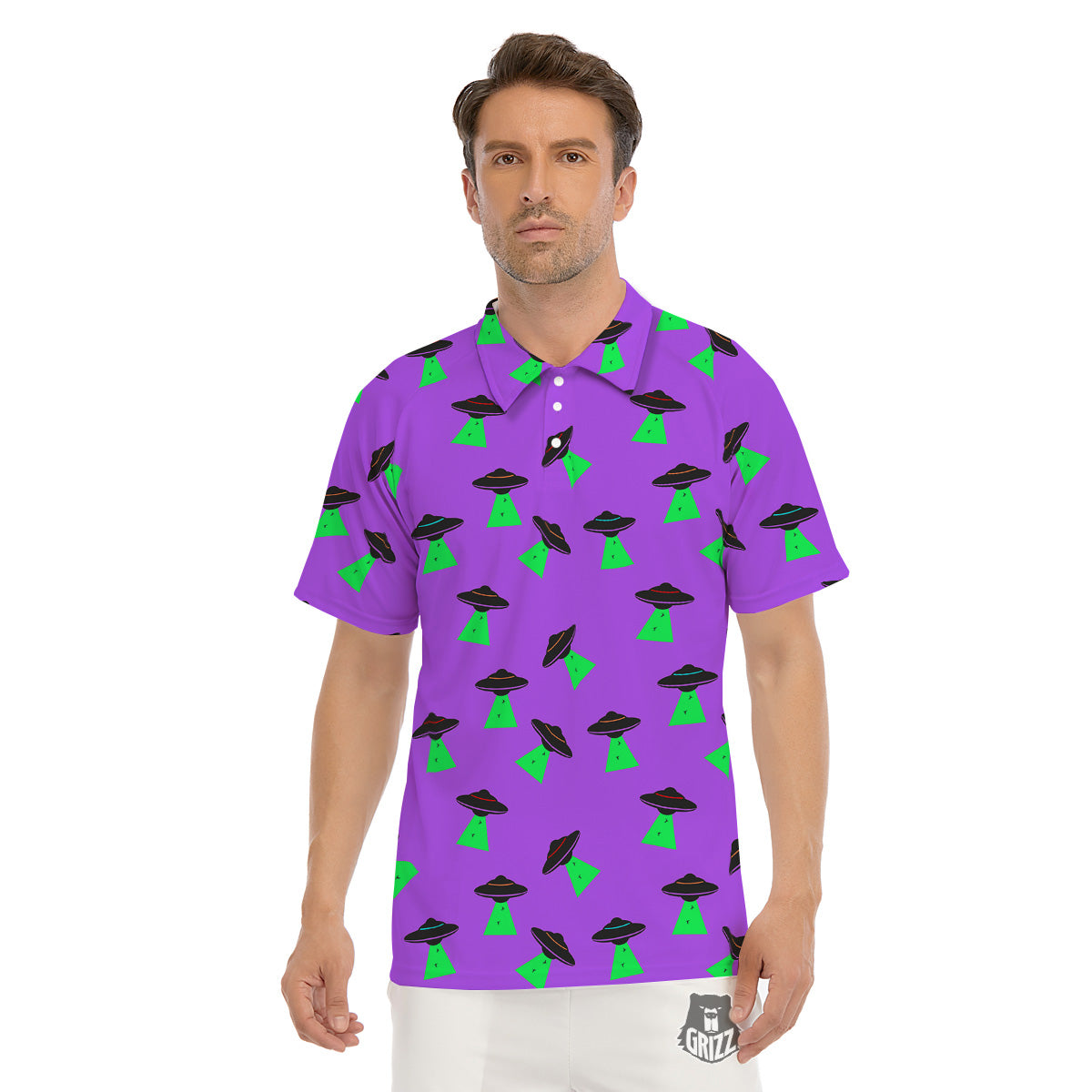 Purple UFO Alien Spaceship Print Pattern Men's Golf Shirts-grizzshop