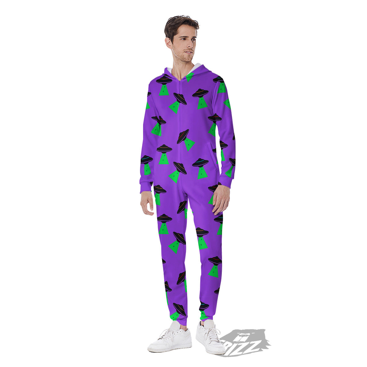 Purple UFO Alien Spaceship Print Pattern Men's Jumpsuit-grizzshop