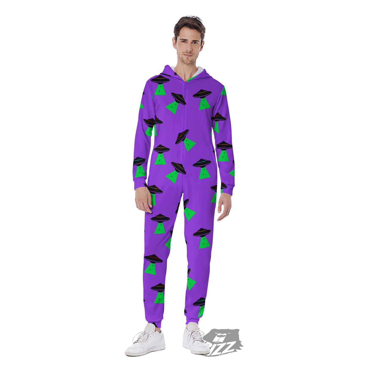 Purple UFO Alien Spaceship Print Pattern Men's Jumpsuit-grizzshop