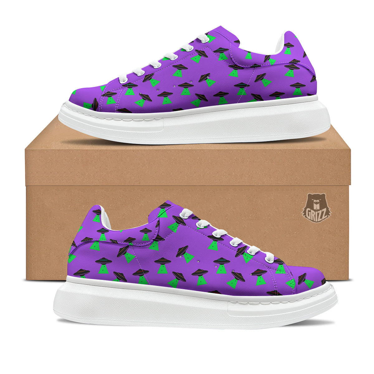 Purple UFO Alien Spaceship Print Pattern Platform Shoes-grizzshop