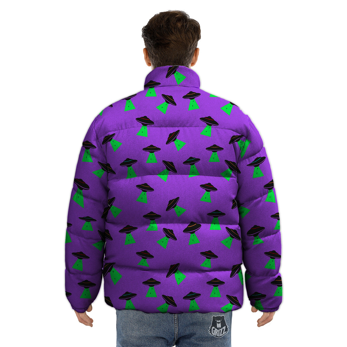 Purple UFO Alien Spaceship Print Pattern Puffer Jacket-grizzshop