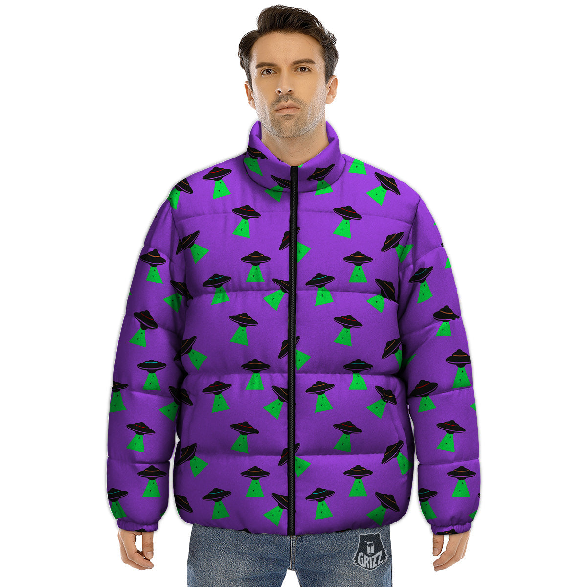 Purple UFO Alien Spaceship Print Pattern Puffer Jacket-grizzshop