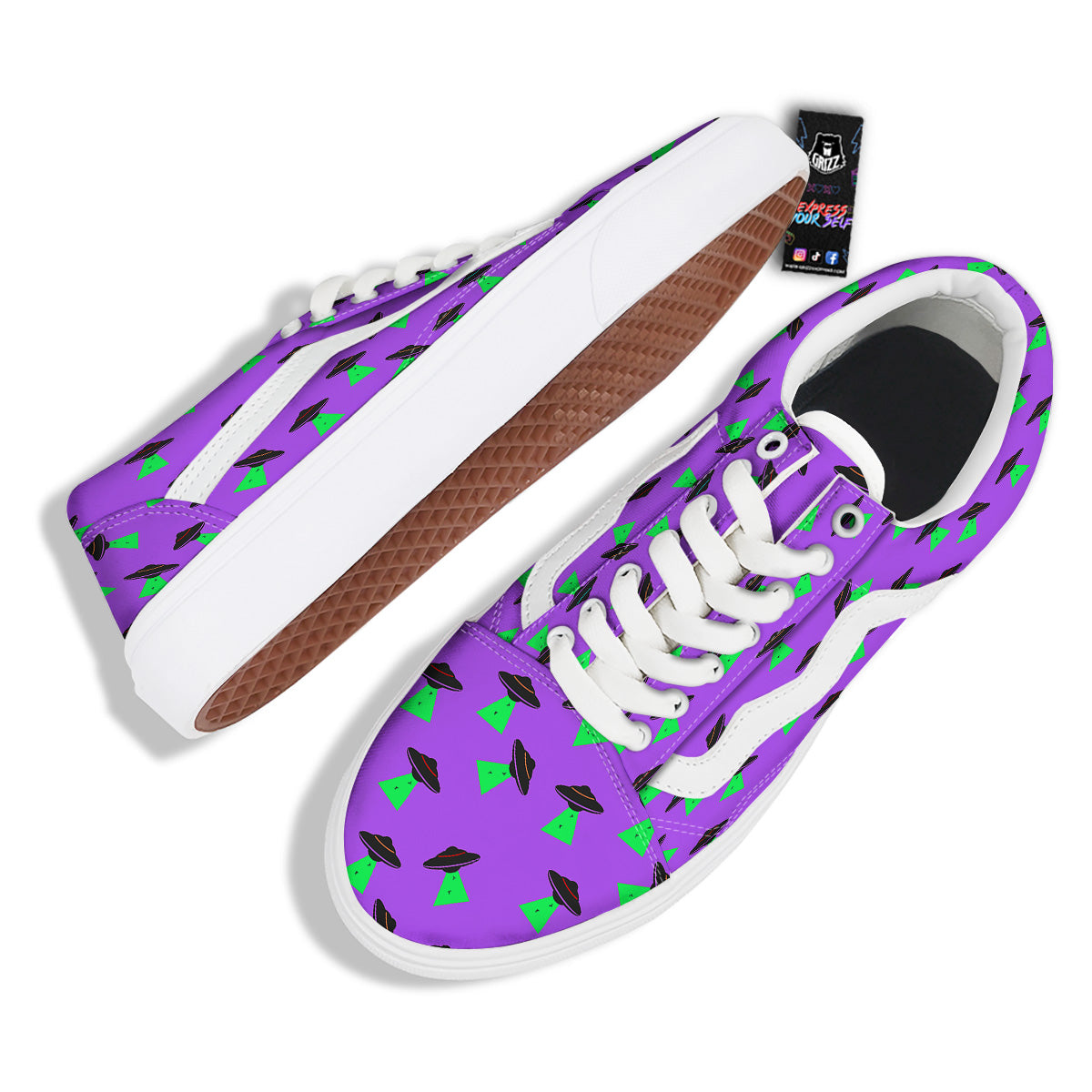 Purple UFO Alien Spaceship Print Pattern Skate Shoes-grizzshop