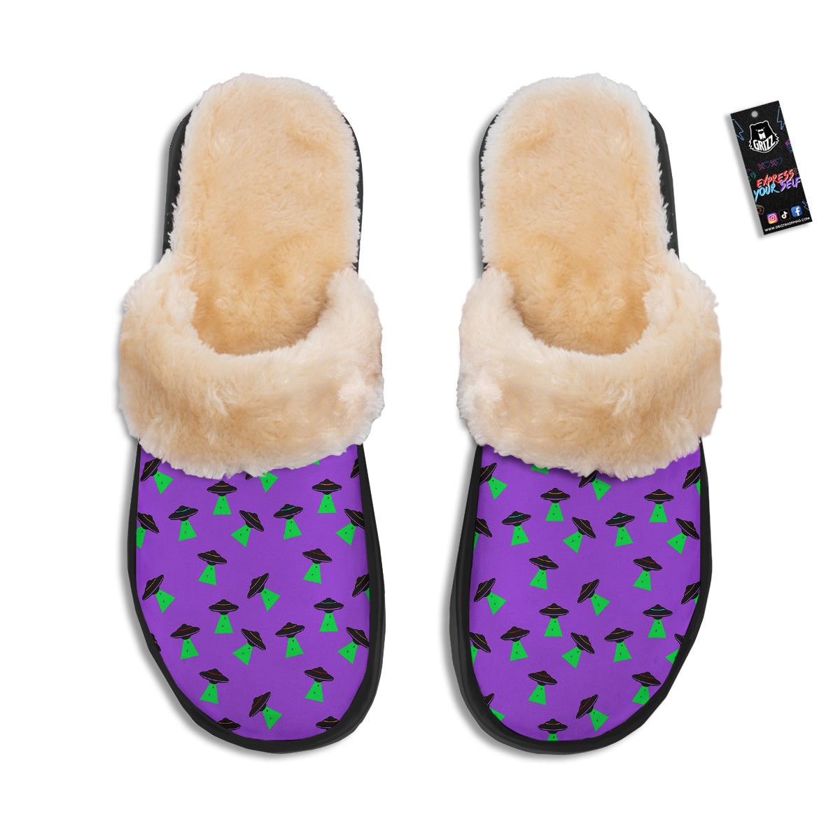 Purple UFO Alien Spaceship Print Pattern Slippers-grizzshop