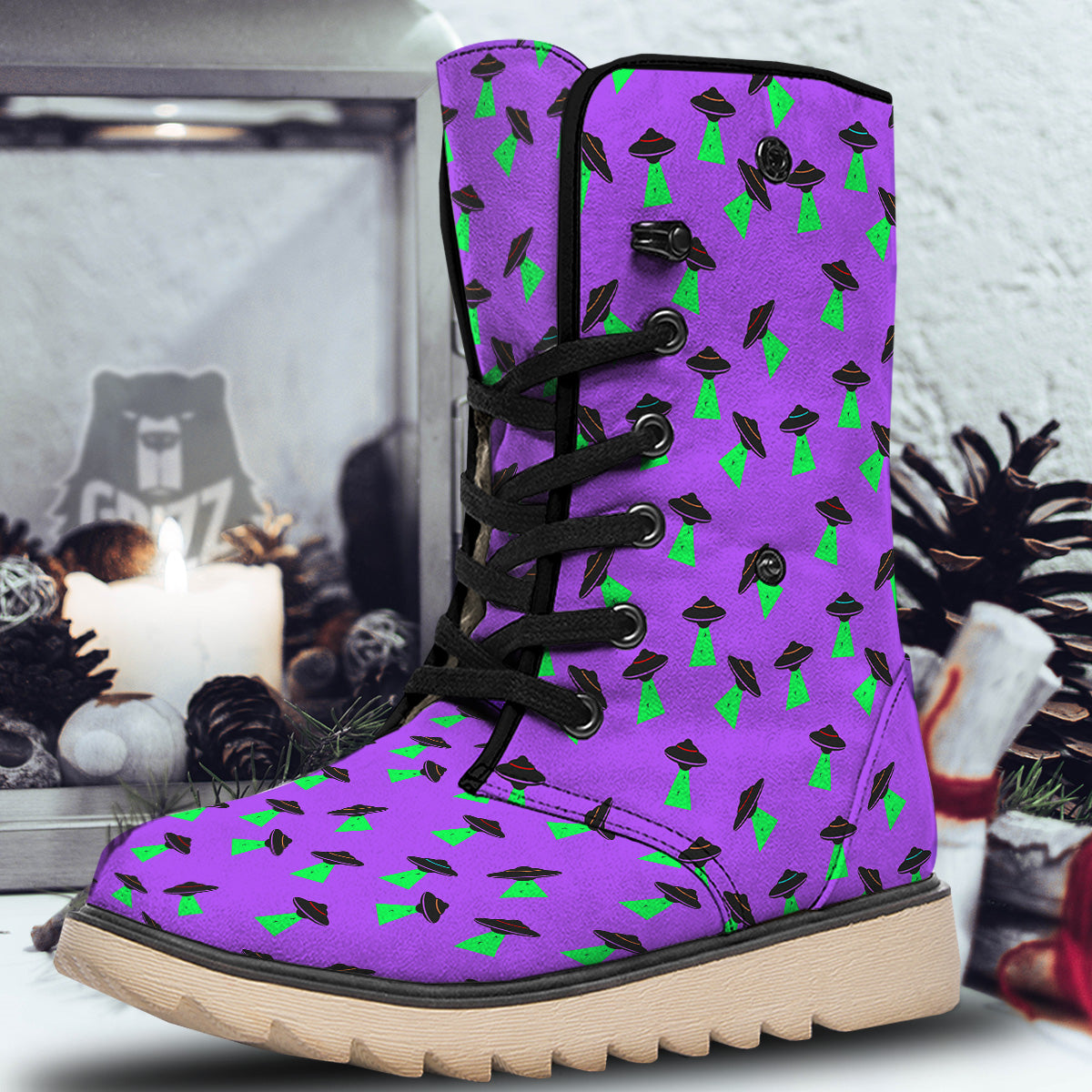 Purple UFO Alien Spaceship Print Pattern Snow Boots-grizzshop