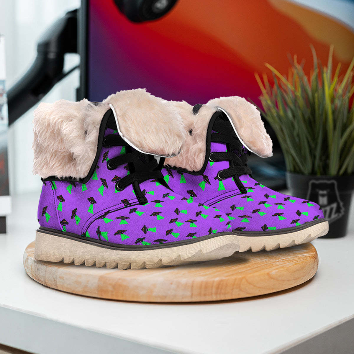 Purple UFO Alien Spaceship Print Pattern Snow Boots-grizzshop