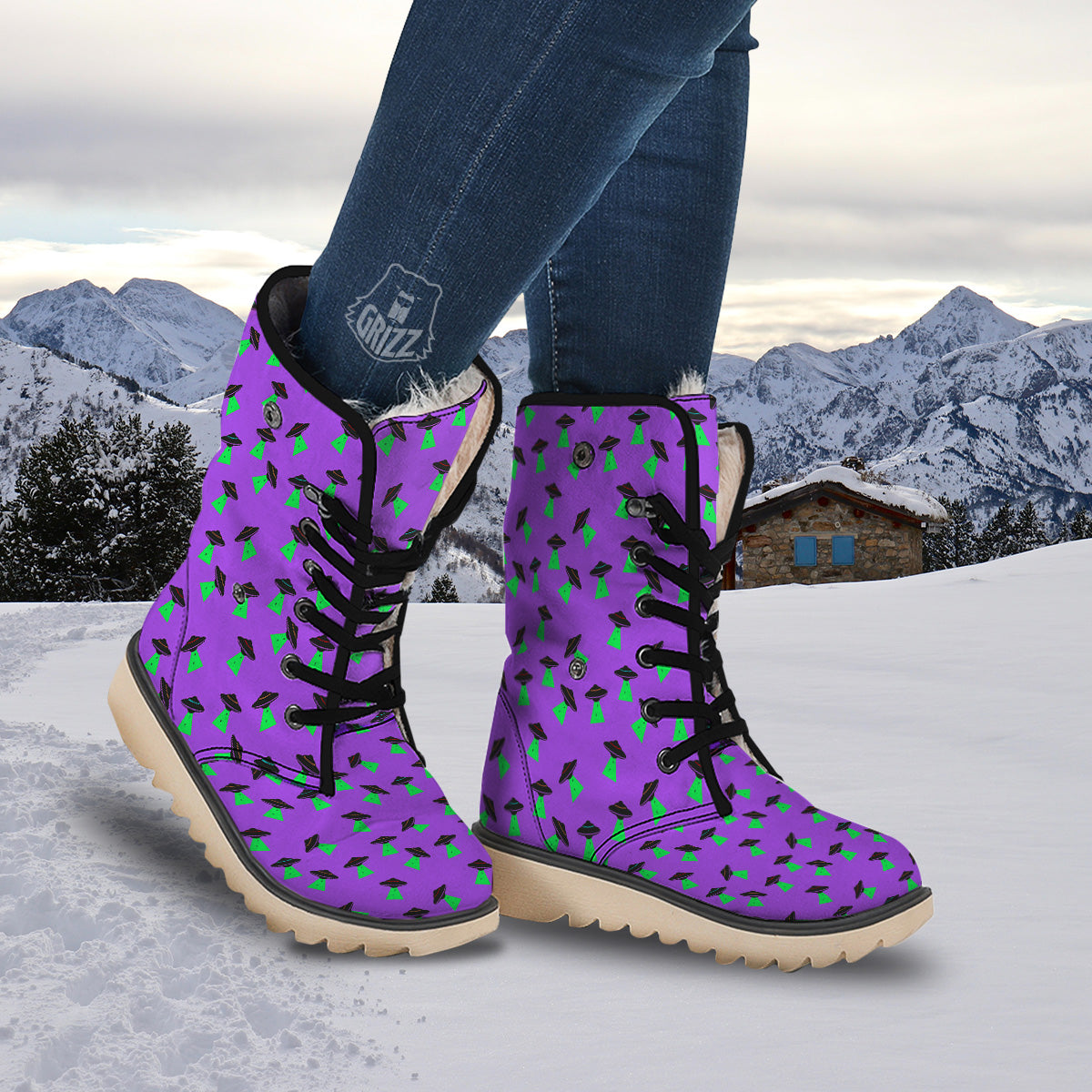 Purple UFO Alien Spaceship Print Pattern Snow Boots-grizzshop