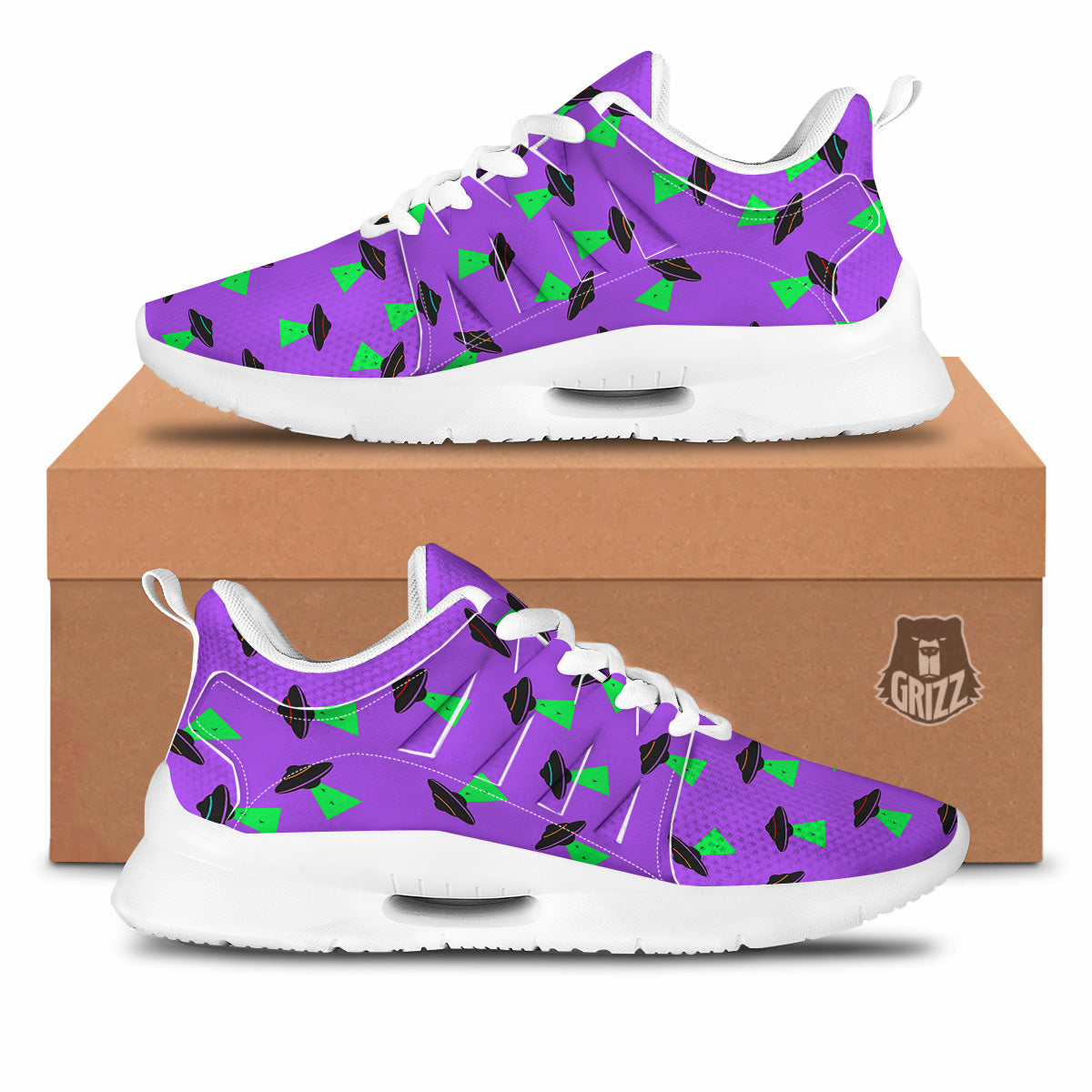 Purple UFO Alien Spaceship Print Pattern Tennis Shoes-grizzshop