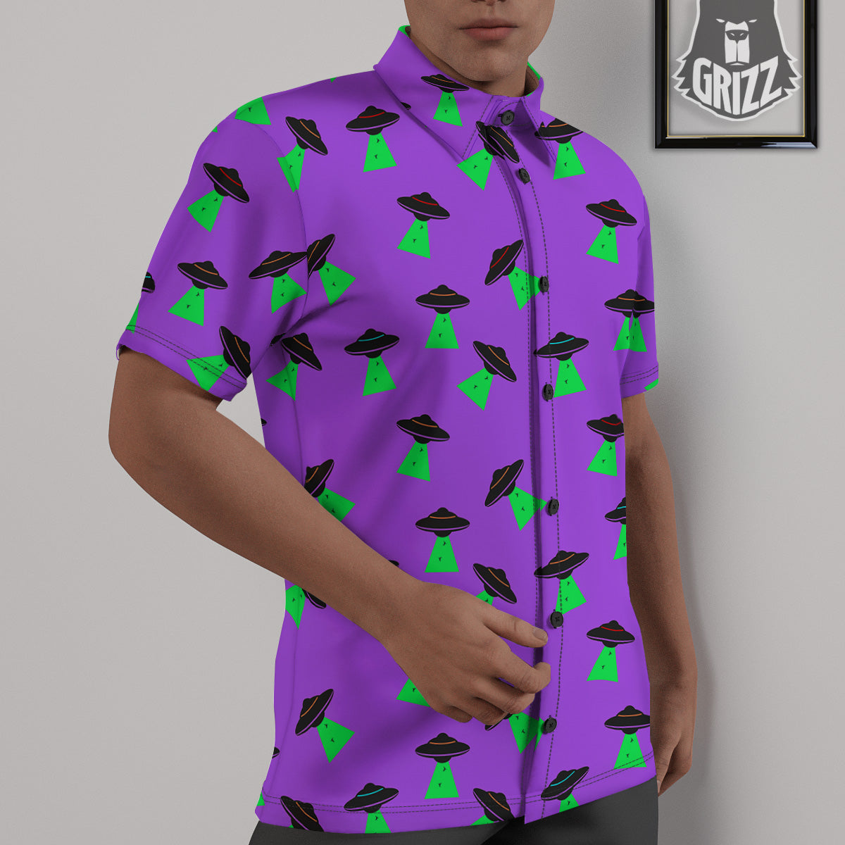 Purple UFO Alien Spaceship Print Pattern Untucked Shirts-grizzshop
